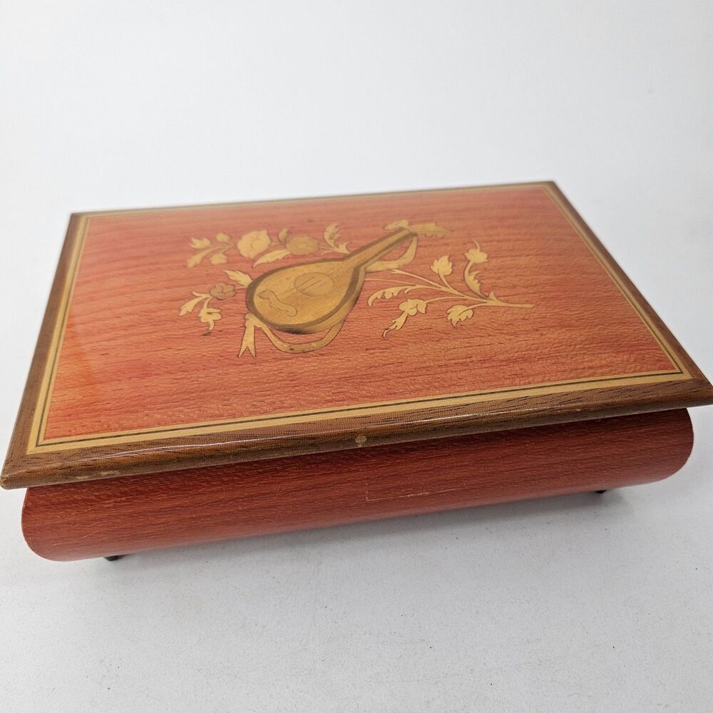 Vintage Italy Floral Inlay Swiss Movement Jewelry Music Box Working